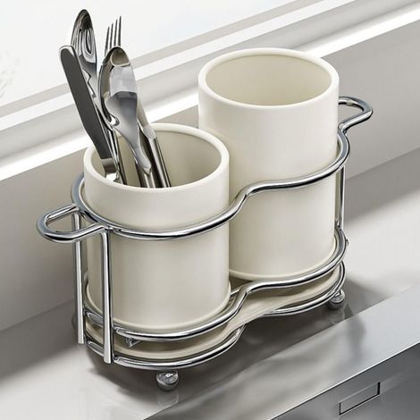 Escurridor de cubiertos multifuncional: recipiente de almacenamiento gris para palillos y cubiertos, escurridor de gran capacidad con bandeja recogegotas. (1/5)