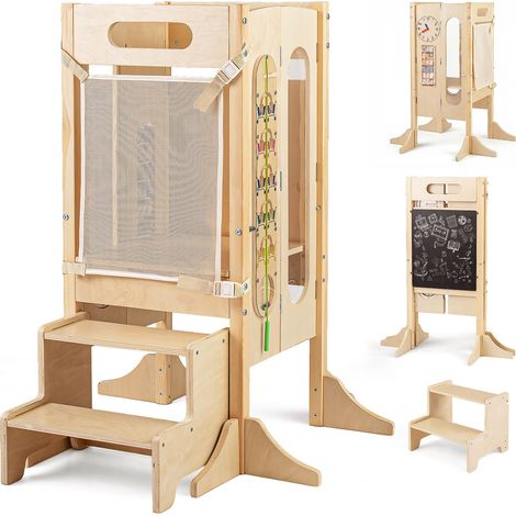 Costway – Tour d'apprentissage tout-petit en bois – Chevalet réglable – 3 niveaux – Marchepied 2 étapes – Sécurité renforcée avec filet amovible