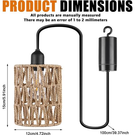 Coocheer – Batteriebetriebene Pendelleuchte mit Fernbedienung – Wasserdicht für den Innen- und Außenbereich – Rattan-Design – 1-W-LED – 12 x 15 cm – E27