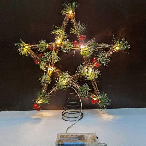 Weihnachtsbaumspitze in Sternform, 30 cm (12 Zoll) großer, dreidimensionaler Rattan-Stern mit Stecker, rustikaler Rattan-Stern aus Naturmaterial, integrierte Lichterkette mit 10 Glühbirnen für die Wei