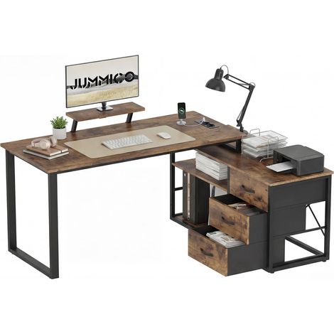 Bureau d'angle en L Réversible Style Industriel, 140x100 cm avec Aspect Bois Brûlé, Bureau Gamer avec Étagères de Rangement et Support Moniteur, Prise Intégrée (1/5)