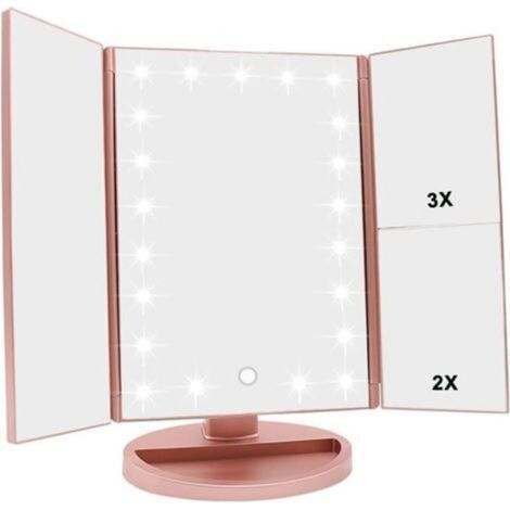 ALLIANDISMiroir de maquillage avec 21 LED, écran tactile réglable et grossissement x1/x2/x3, miroir de voyage rechargeable (rose) (1/4)
