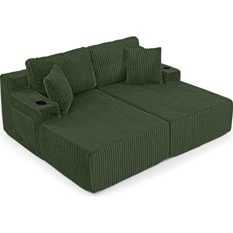 CAIziCanapé-lit relax 2 places, fauteuil lounge, tissu côtelé doux, avec poche latérale pour magazines, porte-gobelet et coussin, adapté au salon, salle de jeux, bureau, chambre d'amis et appartement, (1/5)