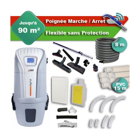 Aspirateur central SACH VAC Digital 1.6 kW garantie 4 ans + flexible rétractable 8 m + poignée marche/arrêt + 7 accessoires + kit 1 prise RETRAFLEX + kit prise balai (rayon d'action 90 m2) (1/5)