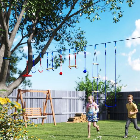 Parcours d'obstacles ninja pour enfants, 10 accessoires, slackline de 10 m et sac de transport, bleu