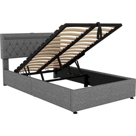 Cama con canapé gris de 140 x 200 cm con iluminación ambiental, puertos de carga USB y tipo C, estructura de cama doble, apta para jóvenes y adultos (colchón no incluido). (1/5)