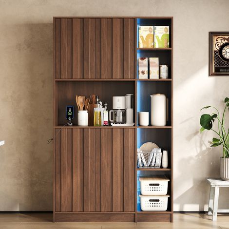 Buffet haut de cuisine 105x40x180 cm, 4 portes rainurées, niches ouvertes, LED RGB, 2 prises et 2 USB, MDF, effet noyer (1/5)