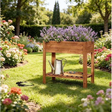 Jardinera elevada de madera con estante 80 x 40 x 75 cm marrón DESVIAE (1/5)