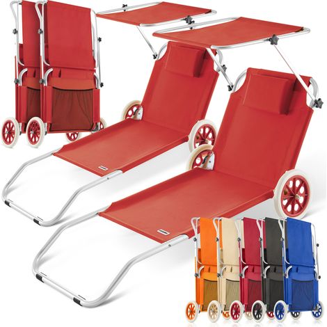 CASARIA® 2x Sonnenliege Klappbar mit Rädern & Sonnendach 5-fach verstellbar Aluminium leichte Gartenliege Strandliege Balkon Terrasse Pool Camping rot (1/5)