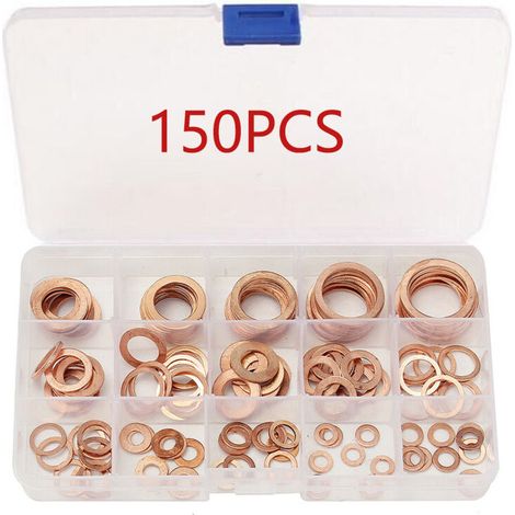 150pcs Rondelle Cuivre Joint Vidange Assortiment Kit M5, M6, M8, M10, M12, M14,M16,M18,M20,M22, 15 Tailles