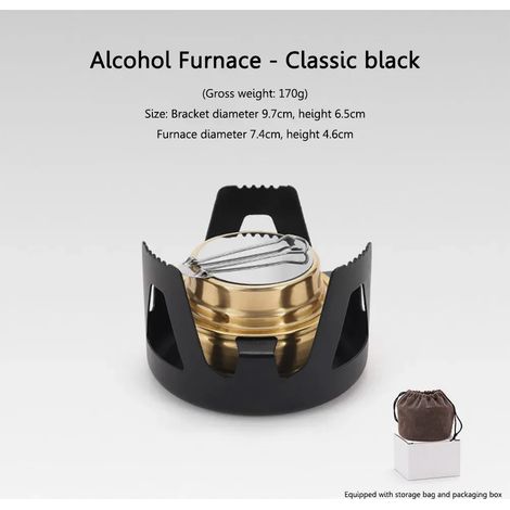 Réchaud à alcool de camping compact en métal, idéal pour la randonnée, la cuisine en pique-nique et les activités de plein air. Avec support, couvercle et sac de rangement. Réchaud de cuisine portable (1/2)