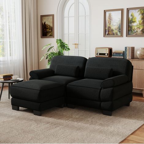 MODFU – Sofá modular de 2 plazas 194x161x94 cm de pana con puff, cojín lumbar, espuma HD y carga 380 kg – Negro (1/5)