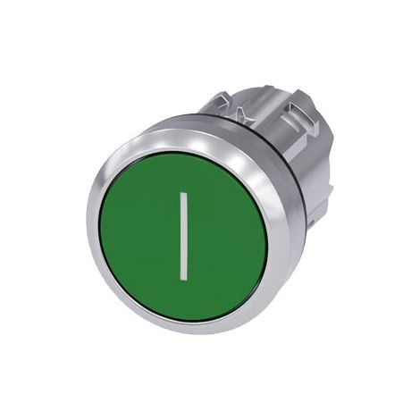 Pulsante, 22 mm, rotondo, in metallo, lucido, verde, scritta: I, pulsante, contatto momentaneo piatto