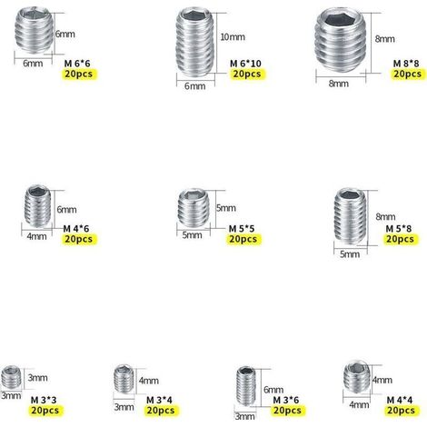 200 Vis Sans Tête en Acier Inoxydable M3 M4 M5 M6 M8 pour Métal – Kit de Fixations Complets avec Pointeau (1/5)