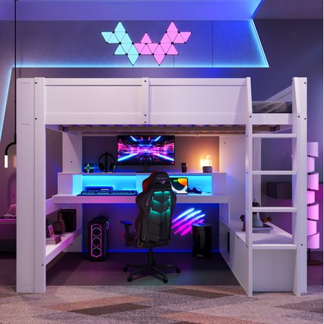 Lit mezzanine 140x200 cm en bois blanc avec bureau, pour chambre d'enfant, sans matelas – MEUBLIV (1/5)