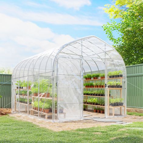 12 m² großes Gartentunnel-Gewächshaus mit Tropfschutzfolie, 25 mm starkem, verzinktem Stahlrahmen, verstärkter Konstruktion, 2 Flügeltüren, transparent (1/5)