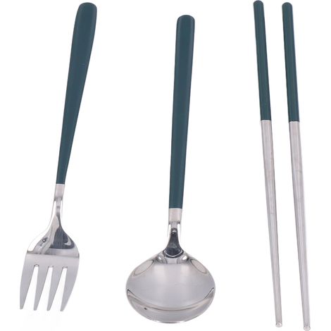 Ensemble de couverts réutilisables en acier inoxydable 304 (fourchette, cuillère, baguettes), idéal pour les étudiants et les employés de bureau. Vert et argent. (1/5)