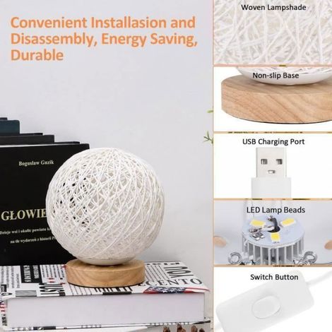 LED Lampe de Table en Rotin Lampe de Chevet Décorative en Bois Rotin Lumière de Nuit Lune avec USB pour Chambre Salon Table (1/4)