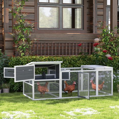 Gris - Poulailler extérieur avec clapier, nid, toit étanche, plateaux amovibles, bois pour 2-4 poules et lapins, 214x101x91,5 cm