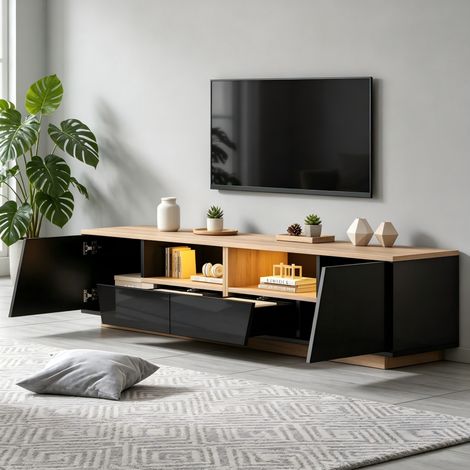 Mobile TV 180x40x46 cm con illuminazione a LED, 2 cassetti, 2 ante e nicchie semiaperte, in truciolato nero. (1/5)