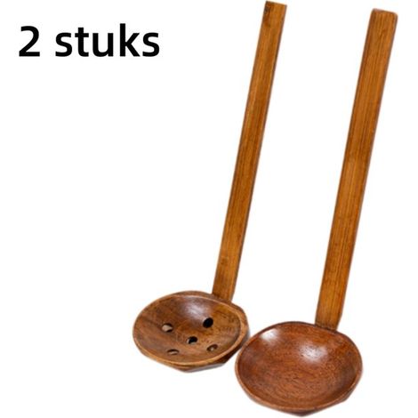 Juego de 2 piezas de cucharón y colador de madera con mango largo para cocinas y restaurantes de fondue - 7,5 x 22 cm (1/5)