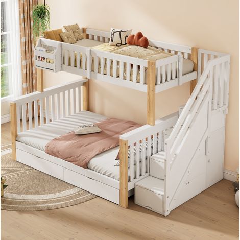 Lit superposé enfant multifonction bois massif blanc et naturel 90x200/140x200 cm avec rangements et sommier à lattes (1/5)
