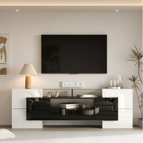 TV-Schrank aus Spanplatte in Weiß/Schwarz, 200,0 x 35,0 x 60,0 cm, Hochglanz, 6 Türen, 2 Schubladen, LED-Beleuchtung (1/5)
