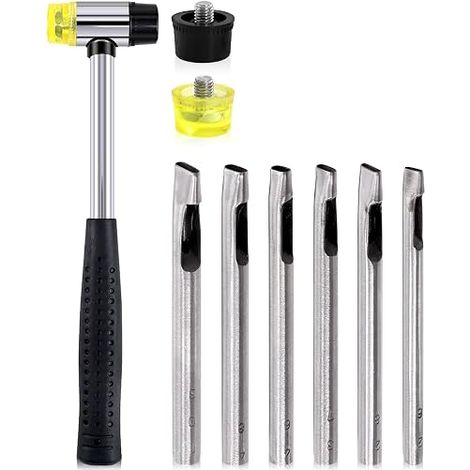 Lot de 9 marteaux en caoutchouc et perforateurs ovales maillet double face souple avec têtes de rechange et 6 tailles de perforateur pour ceintures en cuir bracelets de montre travaux (1/5)