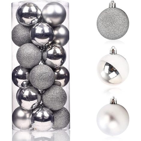 Boule De Noel - Plastique - Argent - 6 cm - Pour Arbre De Noel Intérieur Extérieur - Lot De 24 Pièces (1/5)