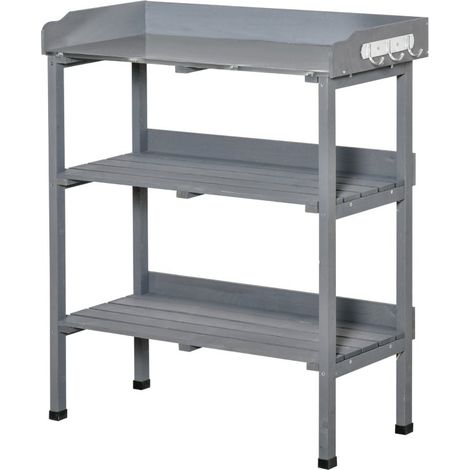 Table de jardin et de culture en bois gris avec plateau de travail métallique, dimensions 76 × 37 × 89 cm (1/5)