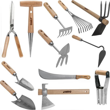 Vito – Kit 12 outils de jardin – Manche en bois – Acier inoxydable et fer forgé – Pour entretien potagers et massifs (1/5)