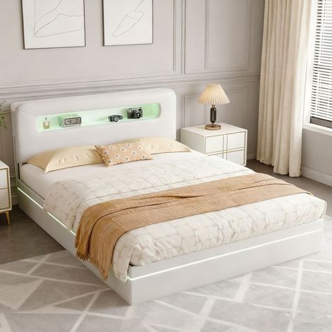 Beige Velours Bett mit 140x200 LED, Lattenrost und Kopfteil (1/5)