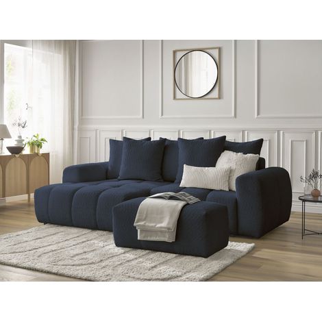 BOBOCHIC - Canapé d'angle convertible coffre ROXELANE tissu bouclette avec pouf Angle droit Bleu foncé (1/5)