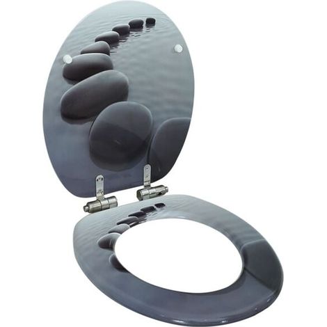Abattant de toilette en panneau de fibres de moyenne densité avec couvercle à fermeture amortie et support à galets.