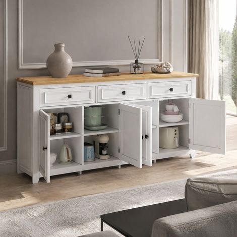 MEUBLIV Aparador de almacenaje 160 x 35 x 76 cm blanco - 3 cajones y 4 puertas (1/5)
