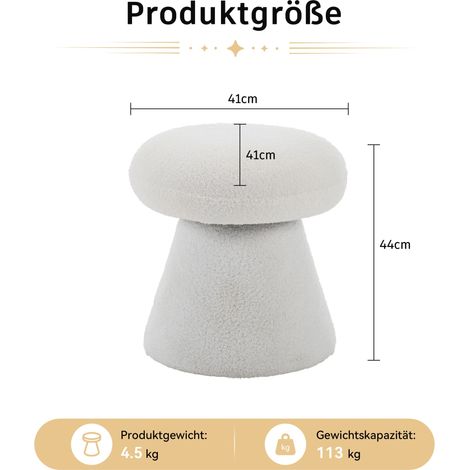 066-Taburete giratorio moderno para sala de estar y dormitorio, taburete tapizado en tela con forma de hongo y rotación de 360°, cómodo taburete pequeño para tocador para adultos y niños, blanco (1/5)