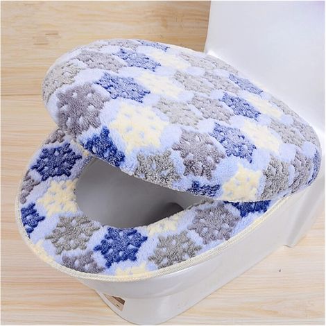 Lot de 2 Housses de Siège de WC en Maille Zippée Forme O, Bleu, Accessoires de Salle de Bain en Tissu Éponge, Couvre-Lunettes de Toilettes avec Fermeture Éclair, Taille Standard, Lavable en Machine (1/4)