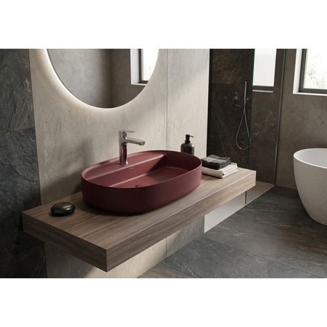 Lavabo ovale da appoggio senza troppo pieno in ceramica con foro rubinetto - Bordeaux Opaco