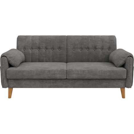 Sofá de 2 plazas de chenilla gris claro con reposabrazos, bolsillos laterales y patas de madera (1/5)