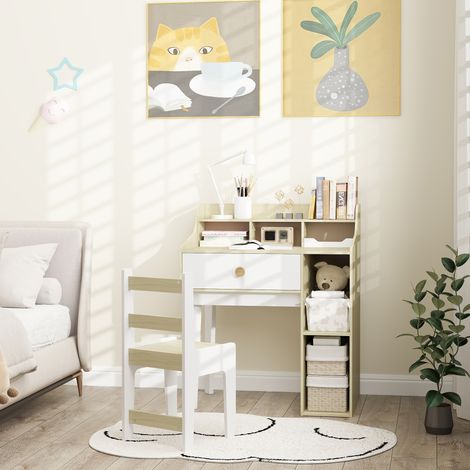 Conjunto de escritorio y silla infantil con estantes y cajón, color blanco.