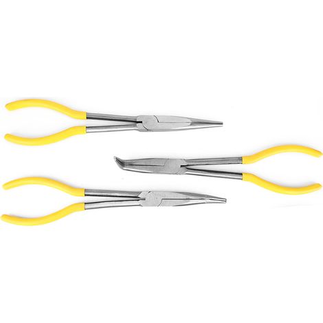 Kit de 3 pinces mécaniques de 28 cm (11 pouces) de long, à bec long, avec embouts coudés à 45° et 90°, en acier au carbone.