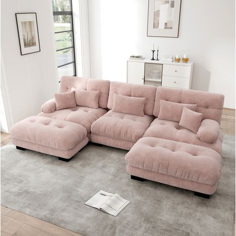Divano modulare a U rosa in chenille con pouf mobili e seduta profonda (1/5)