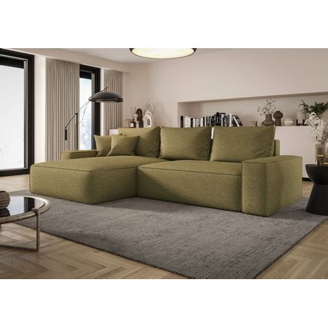 Ecksofa Schlafsofa Sofa WALKEN Stoff Aragon Olivgrün Ottomane Links (1/4)