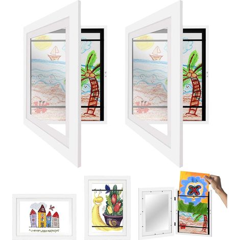 Dos marcos de fotos infantiles tamaño A4, de madera con bisagras y apertura frontal, ideales para el hogar o la oficina, color blanco. (1/5)