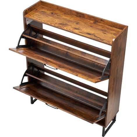 Meuble à chaussures 2 tiroirs basculants, rangement chaussures style ferme avec pieds métalliques et dispositif anti-basculement, organisateur autonome pour entrée, couloir, chambre, salon, marron (1/5)