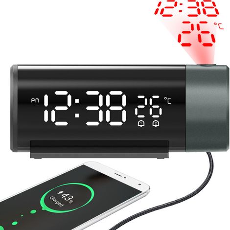 Projection alarm clock, digital clock with 180° rotating projector, 4-level brightness dimmer, transparent LED display, dual alarms, snooze function, 12/24-hour format, for the bedroom (1/5)