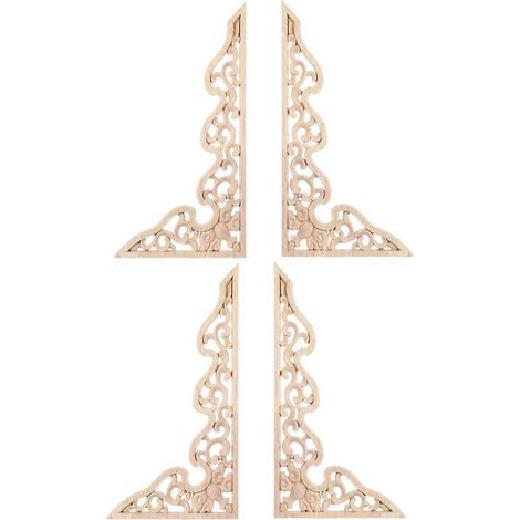 Lot de 4 incrustations d'angle en bois sculpté non peint, appliques décoratives pour meubles, pour la décoration de placards, murs et portes à faire soi-même. (1/5)