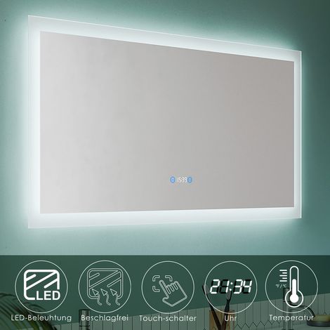 SONNI Badezimmerspiegel mit Beleuchtung Badspiegel LED 2 Touch-Schalter Uhr Temperaturanzeige Beschlagfrei +Gedächtnisfunktion IP44 Kupfer/bleifreie 120x60cm (1/5)
