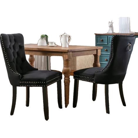 Chaise de salle à manger, Tissu en velours, Pieds en bois massif, CQY-noir (1/2)