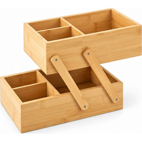 Organizer portaoggetti in Bambù Naturale a 2 livelli misura 25x14,5x16 cm – Cassetto Portaoggetti per bigiotteria o trucchi (1/5)